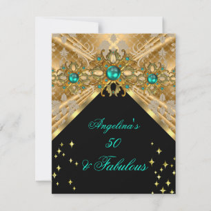 Fabulous 50 Jade Green Gold Damask Birthday Party Invitation