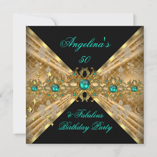 Fabulous 50 Jade Green Gold Damask Birthday Party Invitation