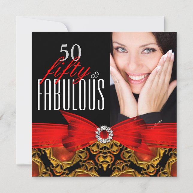 Fabulous 50 Jewel Red Black 50th Birthday Party Invitation (Front)