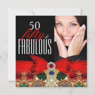 Fabulous 50 Jewel Red Black Photo Birthday Party Invitation
