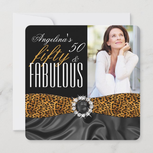 Fabulous 50 Leopard Black Silk Birthday Party Invitation (Front)