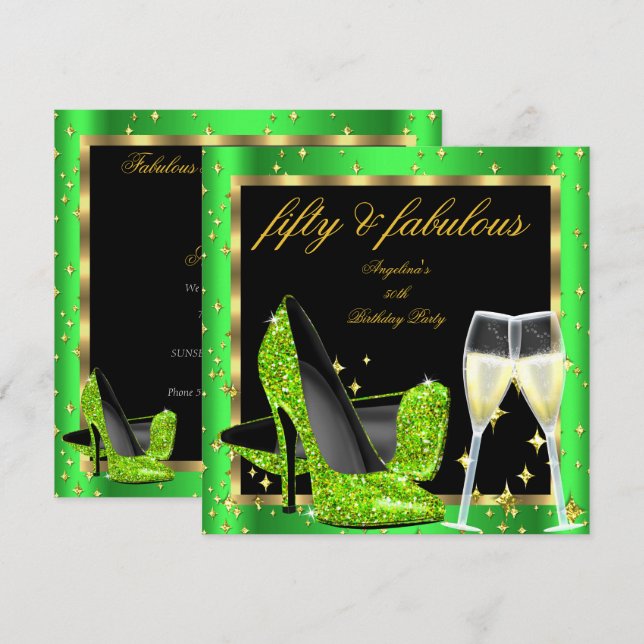 Fabulous 50 Lime Green Champagne Heels Birthday Invitation (Front/Back)