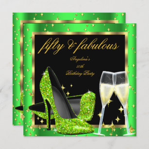 Fabulous 50 Lime Green Champagne Heels Birthday Invitation