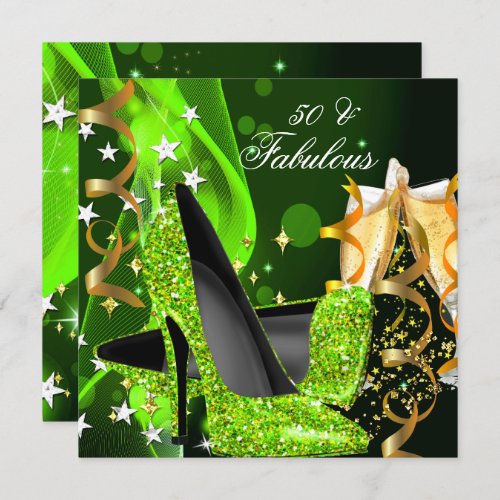 Fabulous 50 Lime Green Gold Heels Birthday Party Invitation