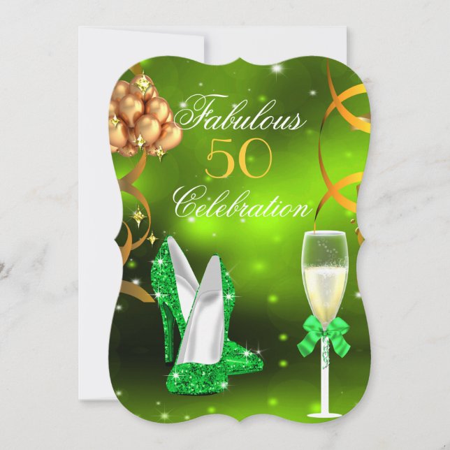 Fabulous 50 Lime Green Gold Heels Champagne Party Invitation (Front)