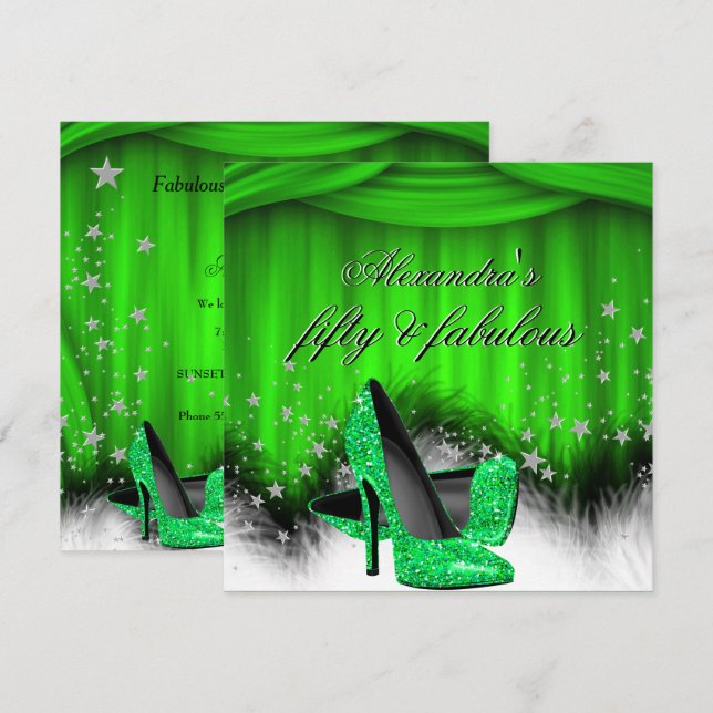 Fabulous 50 Lime Green High Heels Feather Birthday Invitation (Front/Back)