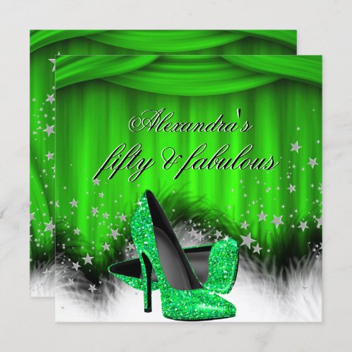 Fabulous 50 Lime Green High Heels Feather Birthday Invitation