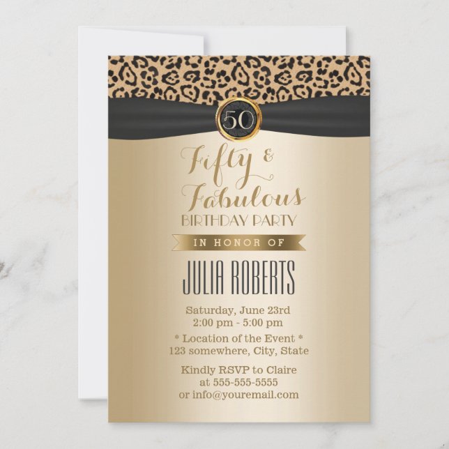 Fabulous 50 Luxury Leopard Moden Black & Gold Invitation (Front)