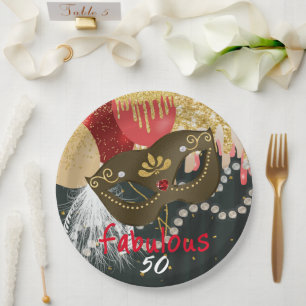 Fabulous 50 Masquerade Bronze Mask & Pearls Paper Plates