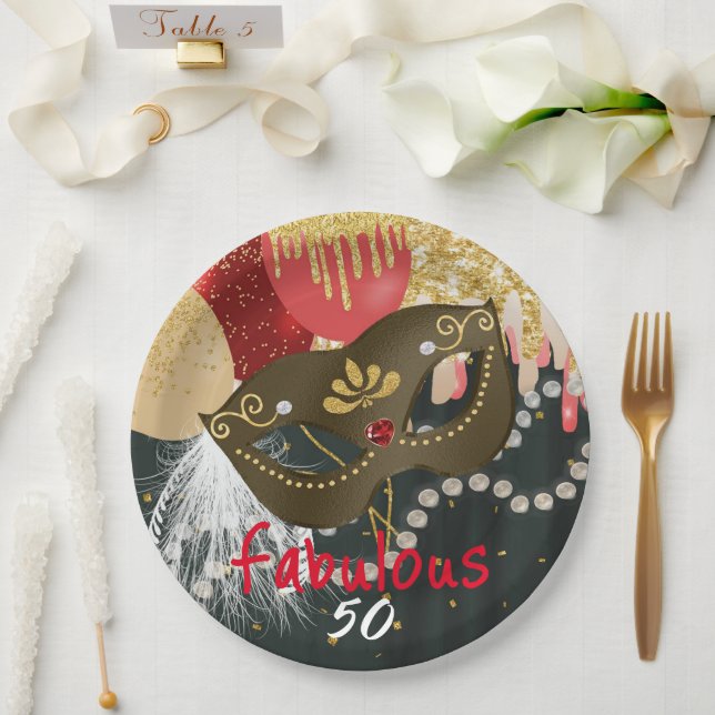Fabulous 50 Masquerade Bronze Mask & Pearls Paper Plates (Wedding)