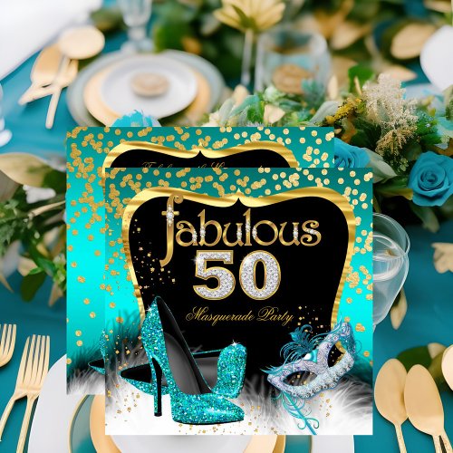 Fabulous 50 Masquerade Party Teal Gold Invitation