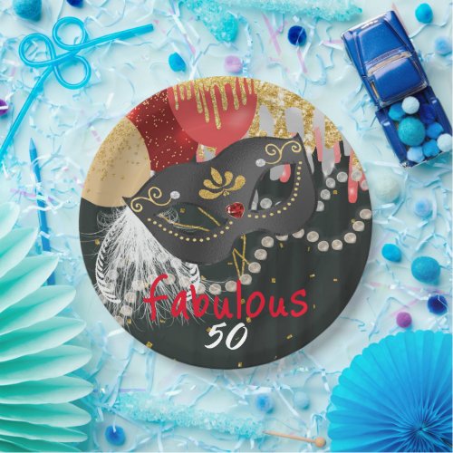 Fabulous 50 Masquerade Silver Mask  Pearls Paper Plates