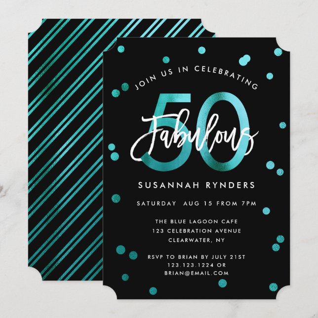 Fabulous 50 | Modern Elegant Girly Teal Birthday Invitation (Front/Back)