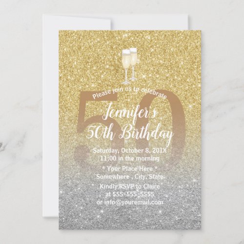 Fabulous 50 Modern Gold  Silver Glitter Birthday Invitation