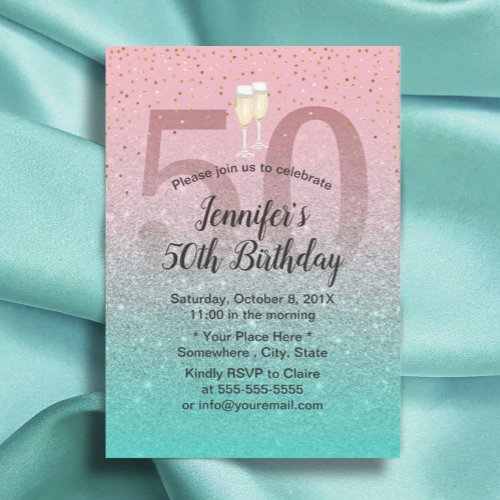 Fabulous 50 Modern Pink Silver Turquoise Birthday Invitation