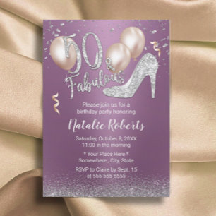 Fabulous 50 Modern Purple & Silver 50th Birthday Invitation