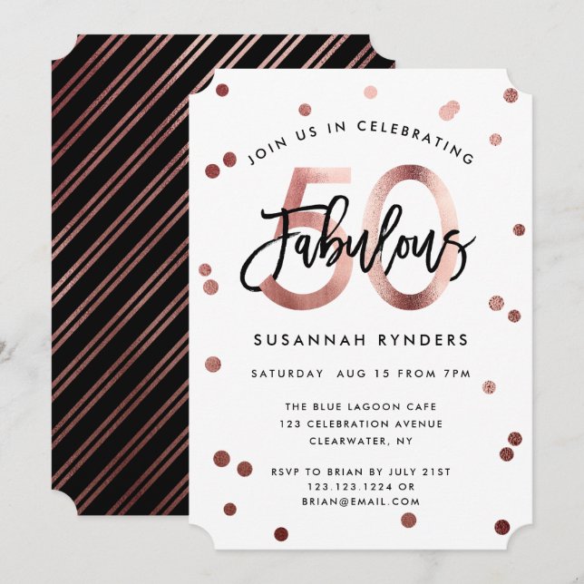 Fabulous 50 | Modern Rose Gold Brushed Birthday Invitation (Front/Back)