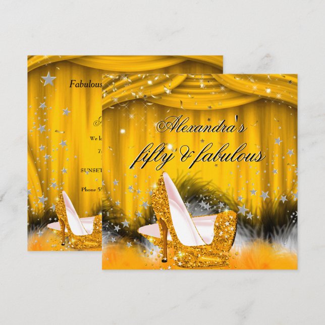 Fabulous 50 Orange Gold High Heels Feather Party Invitation (Front/Back)