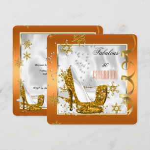 Fabulous 50 Orange Gold White Heels Birthday Party Invitation