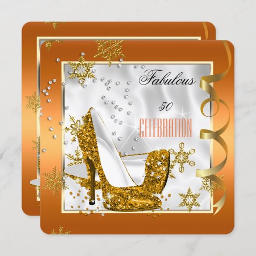 Fabulous 50 Orange Gold White Heels Birthday Party Invitation