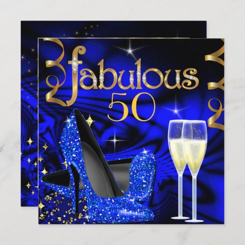 Fabulous 50 Party Abstract Blue High Heels Gold Invitation