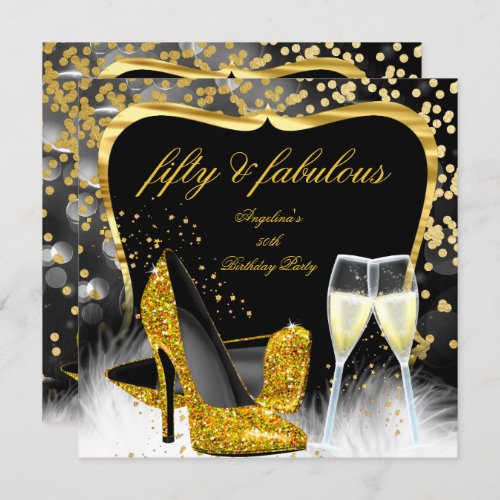 Fabulous 50 Party Black Gold Champagne High Heel Invitation