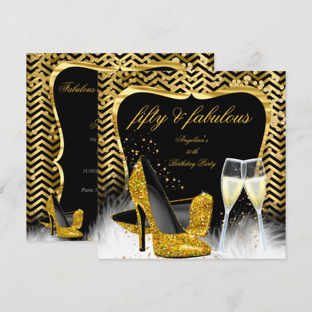 Fabulous 50 Party Black Gold Chevron Champagne Invitation (Front/Back)