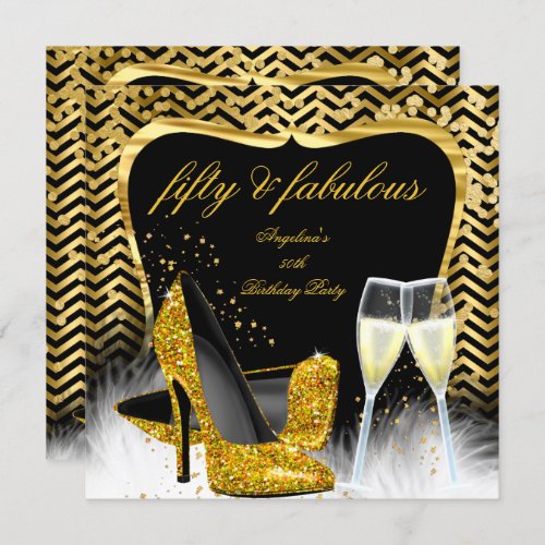 Fabulous 50 Party Black Gold Chevron Champagne Invitation