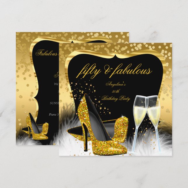 Fabulous 50 Party Gold Champagne Glitter Heels Invitation (Front/Back)