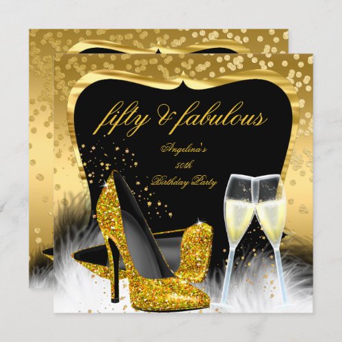 Fabulous 50 Party Gold Champagne Glitter Heels Invitation