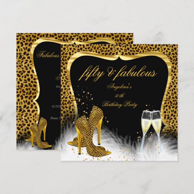Fabulous 50 Party Gold Champagne Leopard Invitation (Front/Back)