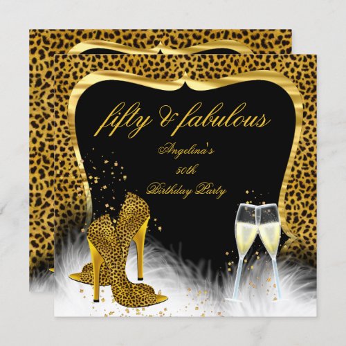Fabulous 50 Party Gold Champagne Leopard Invitation