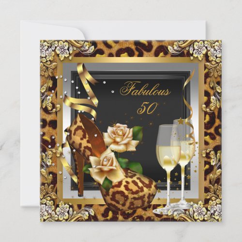 Fabulous 50 Party Gold Leopard Black High Heels Invitation