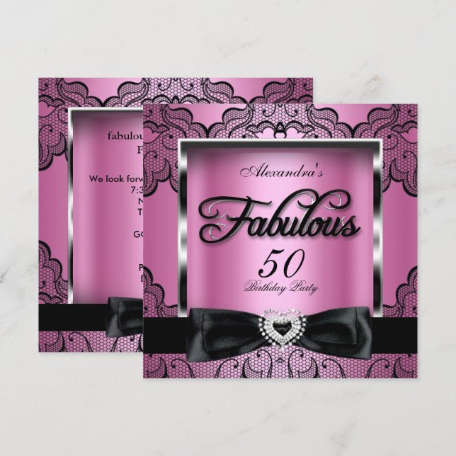 Fabulous 50 Party Pink Damask Black Lace Invitation (Front/Back)