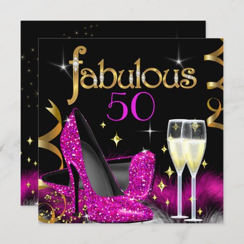 Fabulous 50 Party Pink High Heels Gold Black Invitation