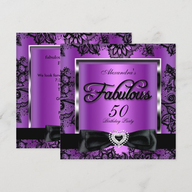 Fabulous 50 Party Purple Damask Black Lace Invitation (Front/Back)