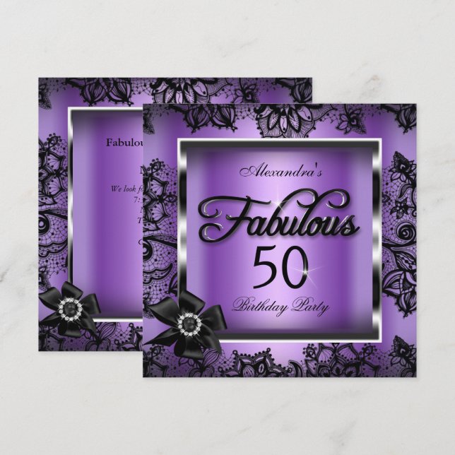 Fabulous 50 Party Purple Damask Black Lace Pearl Invitation (Front/Back)