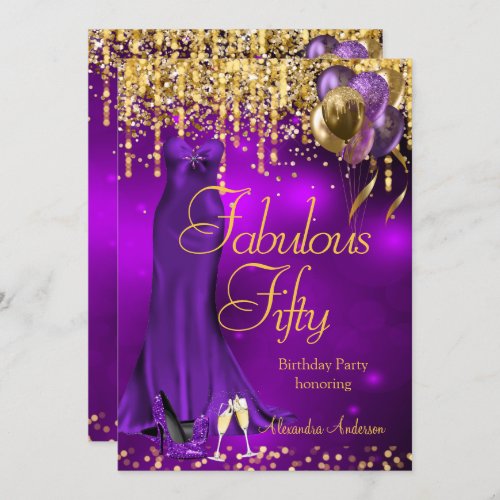 Fabulous 50 Party Purple Glitter Gold Heels Dress Invitation