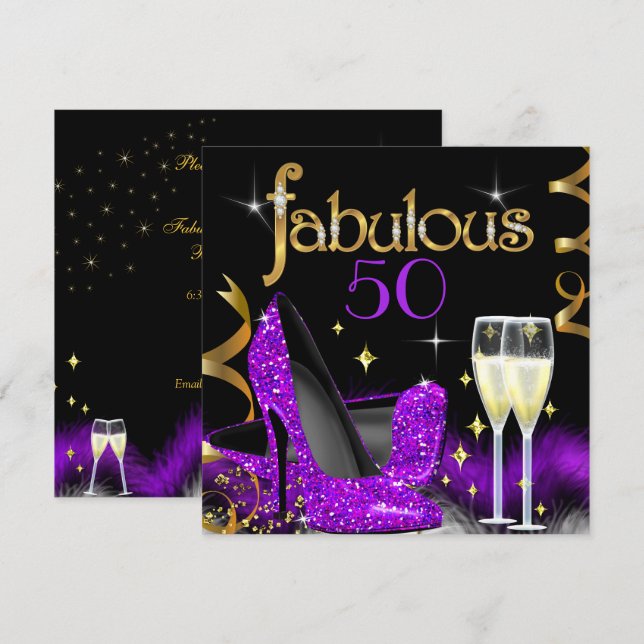 Fabulous 50 Party Purple High Heels Gold Black Invitation (Front/Back)