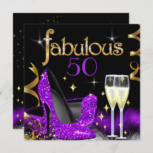 Fabulous 50 Party Purple High Heels Gold Black Invitation