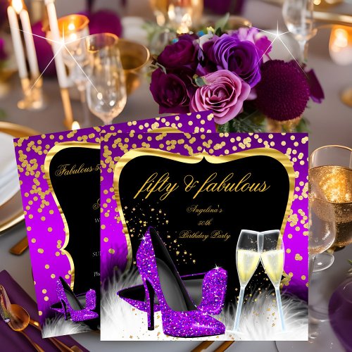 Fabulous 50 Party Purple Magenta Gold Champagne Invitation