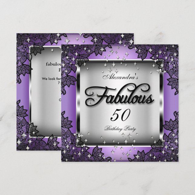 Fabulous 50 Party Purple Silver Stars Black Lace Invitation (Front/Back)