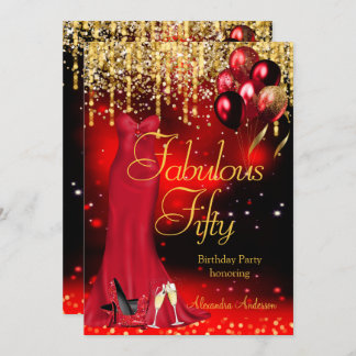 Fabulous 50 Party Red Glitter Gold Heels Dress Invitation
