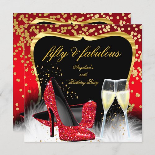 Fabulous 50 Party Red Gold Champagne Glitter Heels Invitation