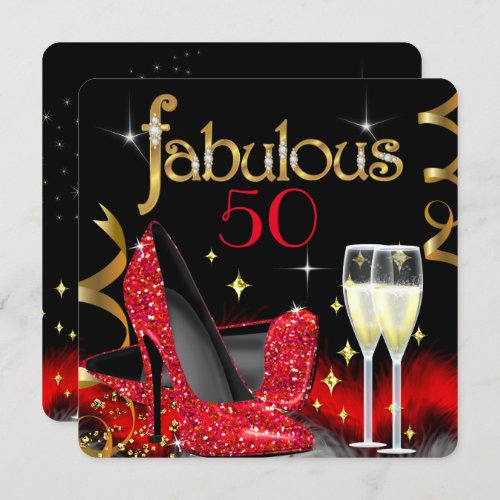 Fabulous 50 Party Red High Heels Gold Black Invitation