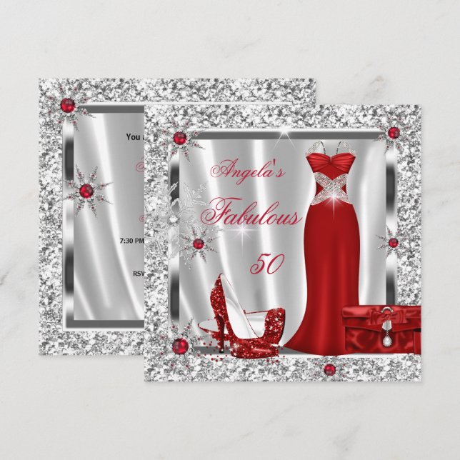 Fabulous 50 Party Red Silver Snowflakes Invitation (Front/Back)