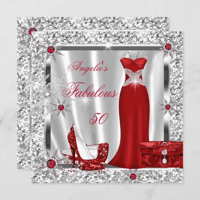 Fabulous 50 Party Red Silver Snowflakes Invitation (Front/Back)