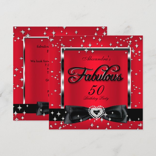 Fabulous 50 Party Red Silver Stars Black Invitation (Front/Back)