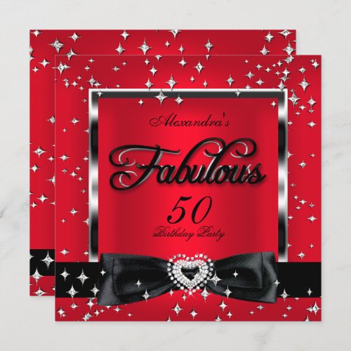 Fabulous 50 Party Red Silver Stars Black Invitation