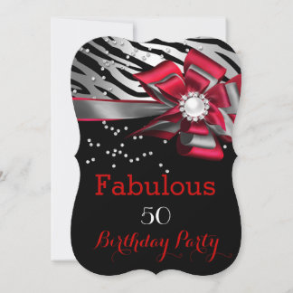 Fabulous 50 Party Red Zebra Black Silver Pearl Invitation
